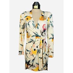 BCBGeneration Floral Wrap Mini Dress XS NWT Boho High Low Long Sleeve Cream